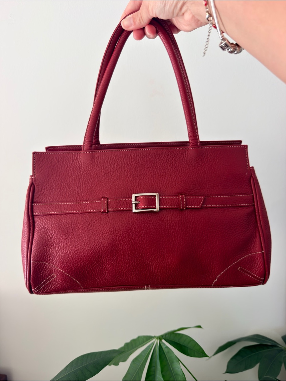 Wilson Leather Y2K red Leather Tote Bag with Buckle Detail